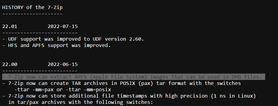 7zip changelog showing an interesting new feature